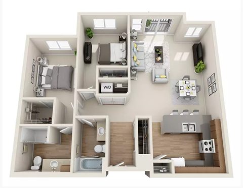 Floor plan for 2 beds, 2 baths, 964 sqft